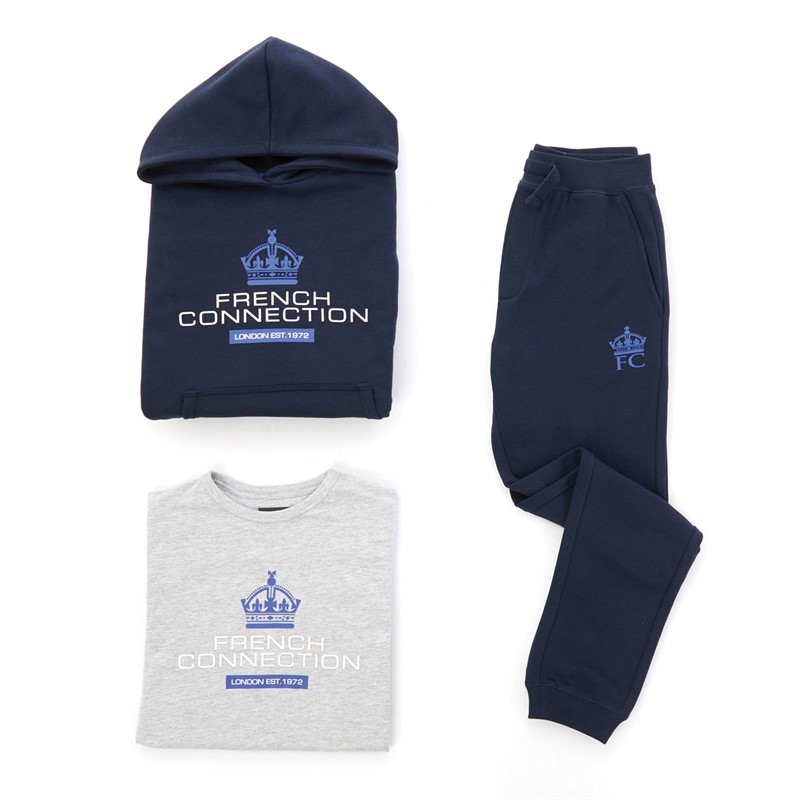 French Connection Boys Throne Hoodie Joggers And T Shirt Set Marine Light Grey Melange