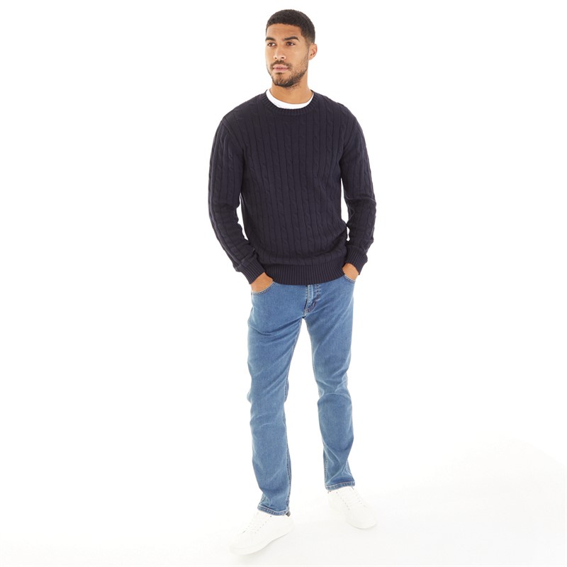 French Connection Mens Cotton Cable Jumper Marine