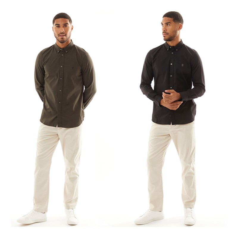 French Connection Mens Two Pack Long Sleeve Oxford Shirts Solid Khaki/Solid Black