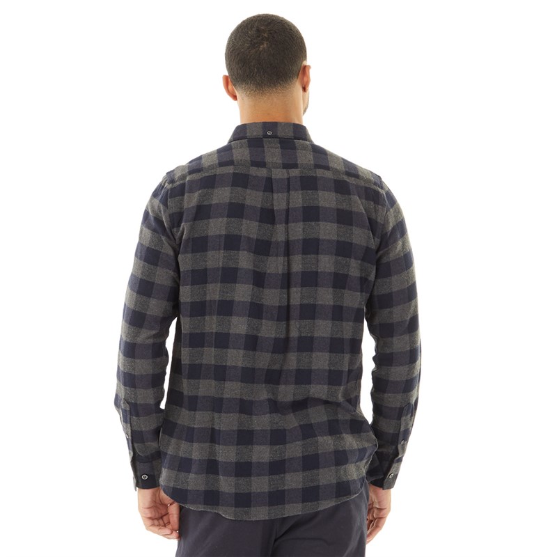 French Connection Mens Large Gingham Flannel Check Long Sleeve Shirt Charcoal Mel/Marine