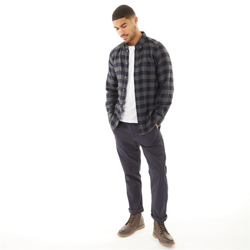 French Connection Mens Large Gingham Flannel Check Long Sleeve Shirt Charcoal Mel/Marine