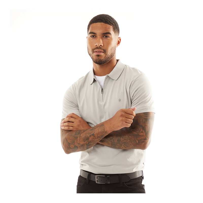 French Connection Mens Zip Polo Solid Light Grey