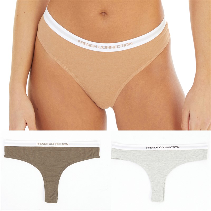 French Connection Womens Three Pack Thongs Almond Nude/Grey Melange/Walnut
