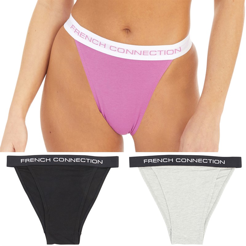 French Connection Womens Three Pack Tanga Briefs Black/Pink Violet/Grey Melange