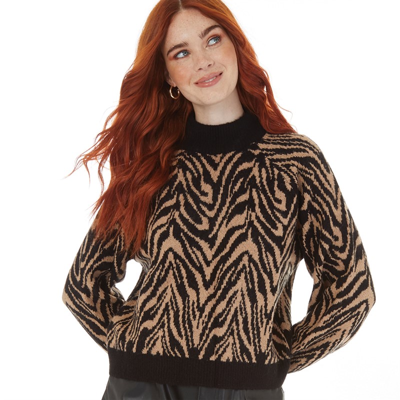 French Connection Womens Animal Crew Jumper Black/Tan