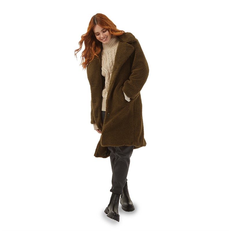 French Connection Womens Borg Peak Long Coat Beech