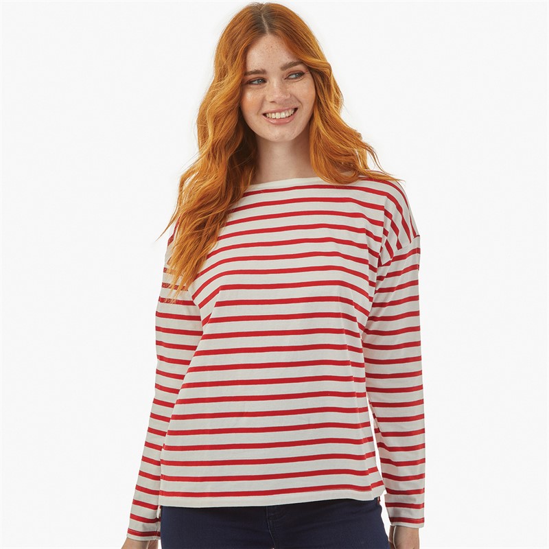 French Connection Womens Boat Neck Breton Long Sleeve Top Winter White/Red