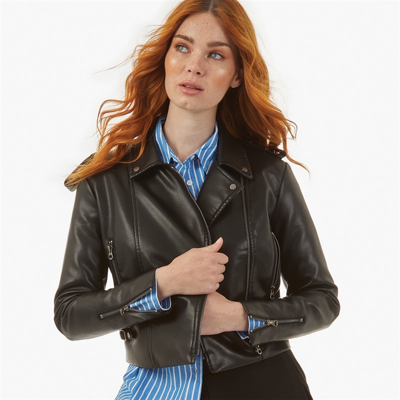 Black faux leather biker jacket womens store