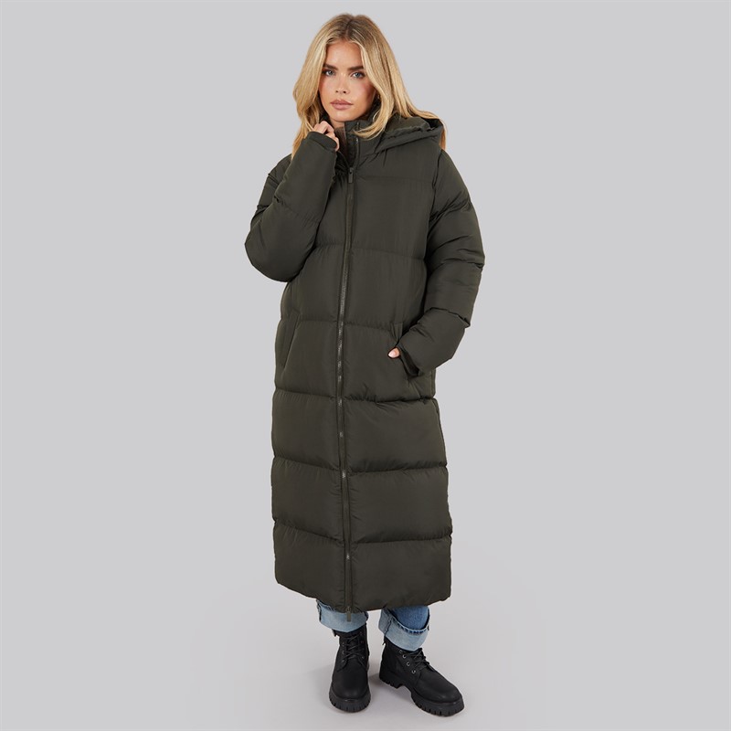 French Connection Womens Row Long Puffer Coat Dark Khaki