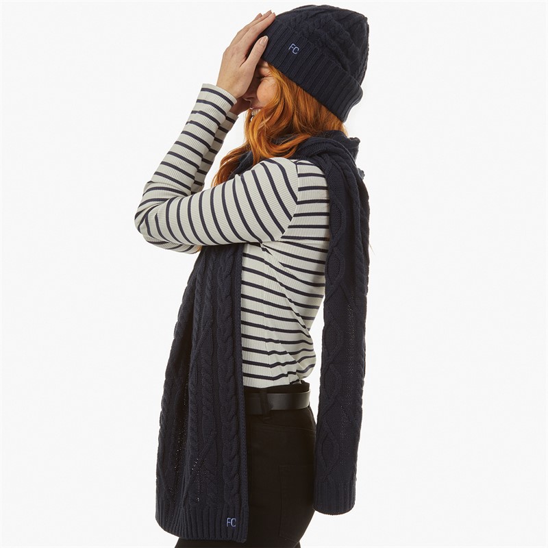 French Connection Womens Cable Scarf And Beanie Set Midnight/Paradise Blue