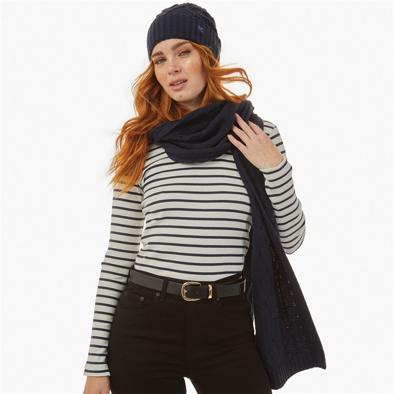 French Connection Womens Cable Scarf And Beanie Set Midnight/Paradise Blue