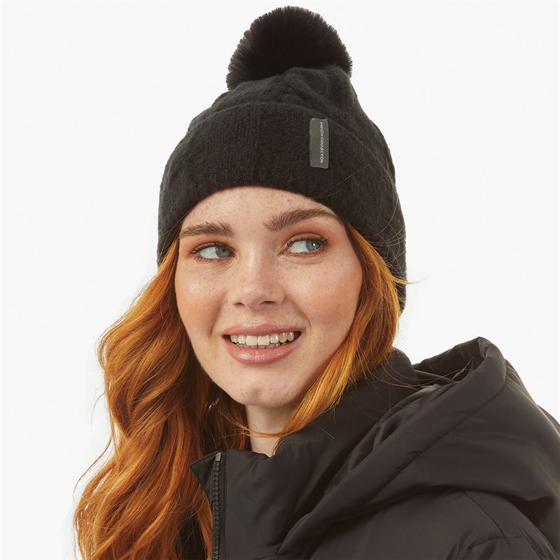 French Connection Womens Cable Pom Beanie Black