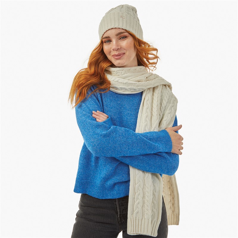 French Connection Womens Cable Scarf And Beanie Set Winter White/Camel