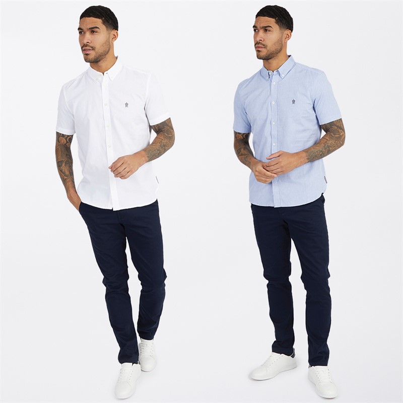 French Connection Mens Two Pack Short Sleeve Oxford Shirts White/Sky