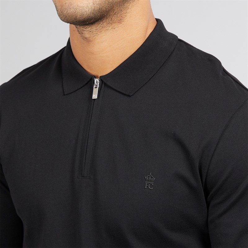 French Connection Mens Jersey Zip Long Sleeve Polo Shirt Black