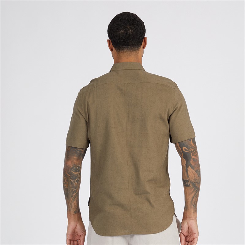 French Connection Mens Short Sleeve Linen Shirt Khaki