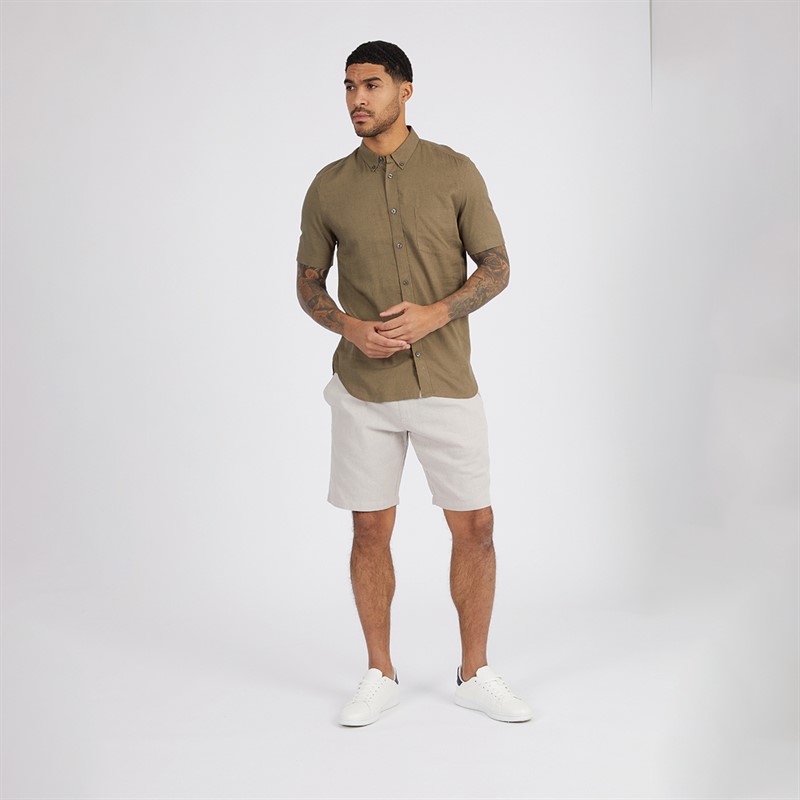 French Connection Mens Short Sleeve Linen Shirt Khaki