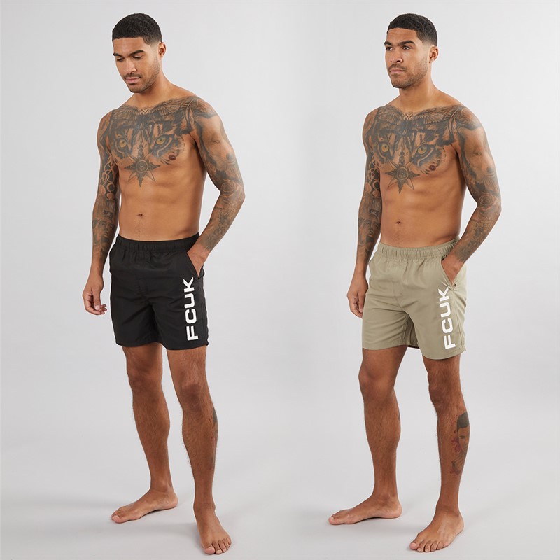 French Connection Mens FCUK Two Pack Swim Shorts Multi 2 - Black/Light Khaki