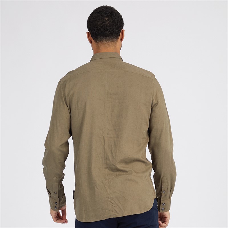 French Connection Mens Long Sleeve Linen Shirt Khaki