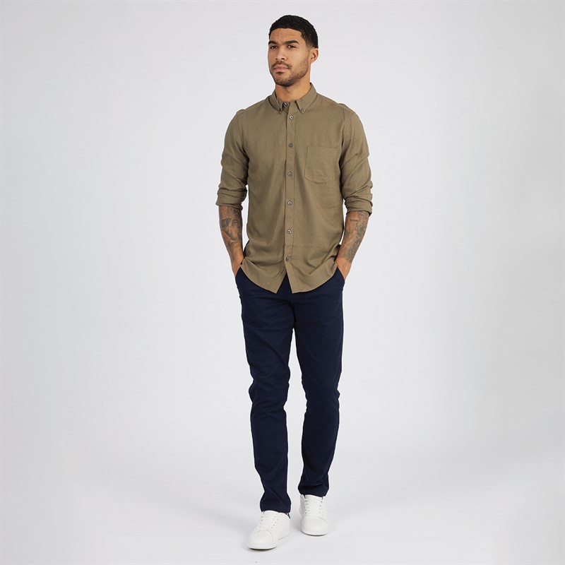 French Connection Mens Long Sleeve Linen Shirt Khaki