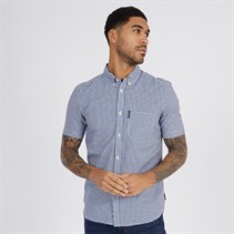 French Connection Mens Short Sleeve Gingham Shirt Mid Blue