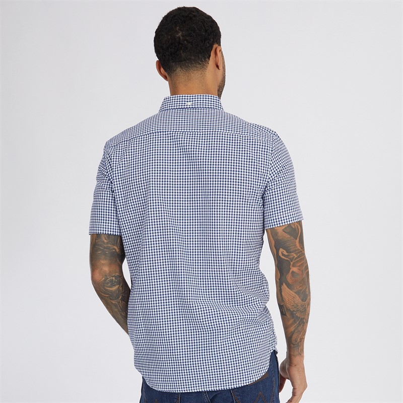 French Connection Mens Short Sleeve Gingham Shirt Mid Blue