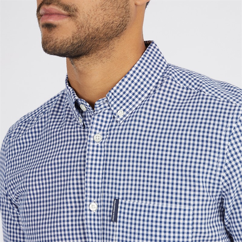 French Connection Mens Short Sleeve Gingham Shirt Mid Blue