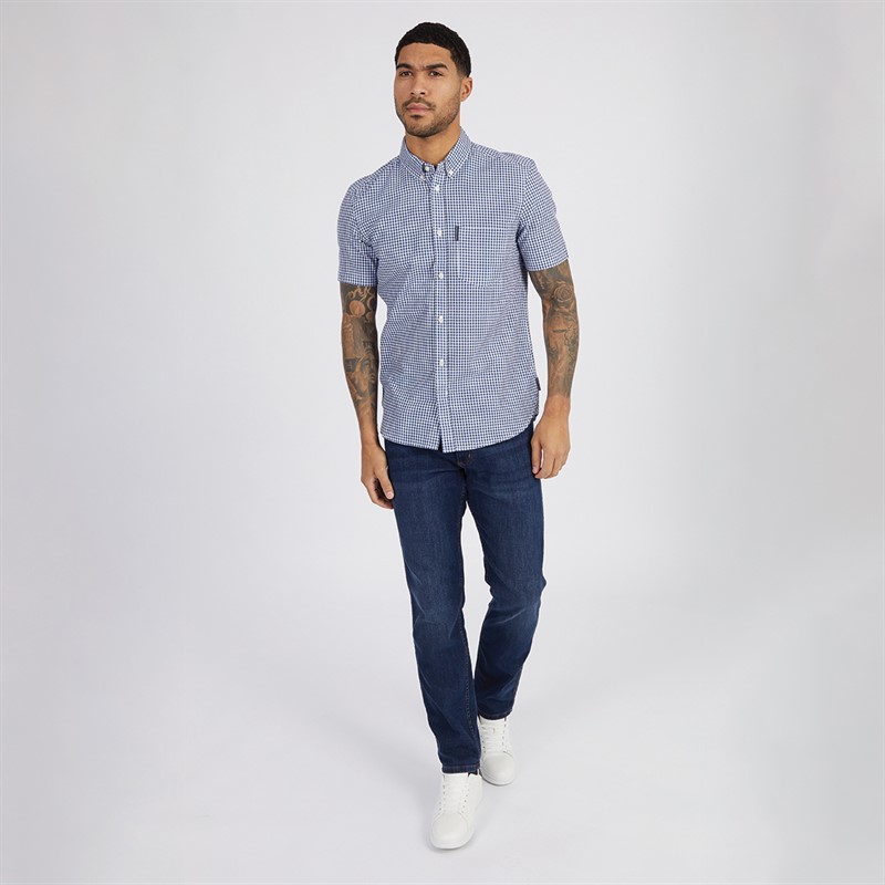 French Connection Mens Short Sleeve Gingham Shirt Mid Blue