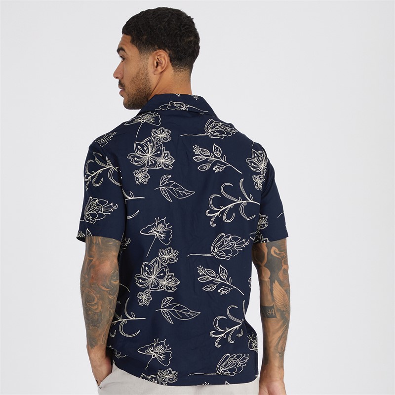 French Connection Mens Short Sleeve Floral Shirt Marine