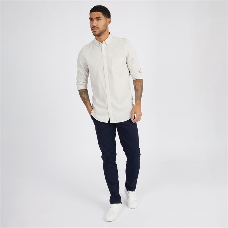 French Connection Mens Long Sleeve Linen Shirt Stone