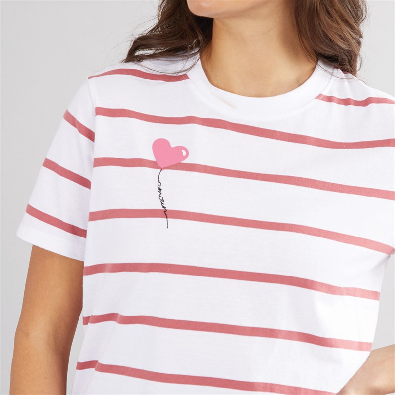 French Connection Womens Balloon Stripe T-Shirt White/Rose Kiss