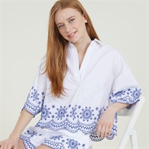 French Connection Womens Embroidered Hem Popover Shirt Linen White/Multi