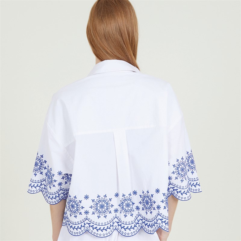 French Connection Womens Embroidered Hem Popover Shirt Linen White/Multi