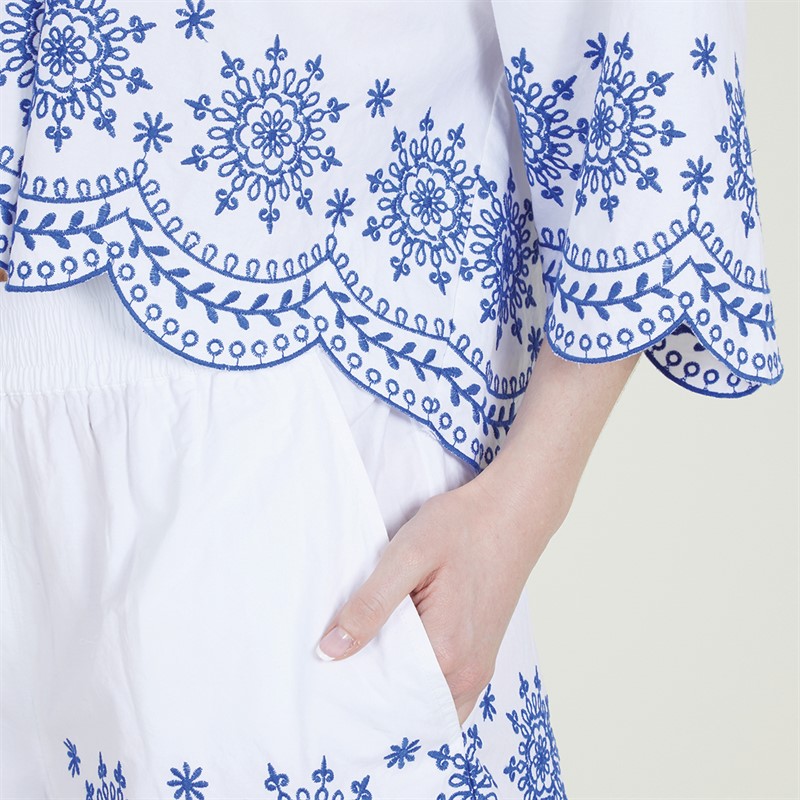French Connection Womens Embroidered Hem Popover Shirt Linen White/Multi