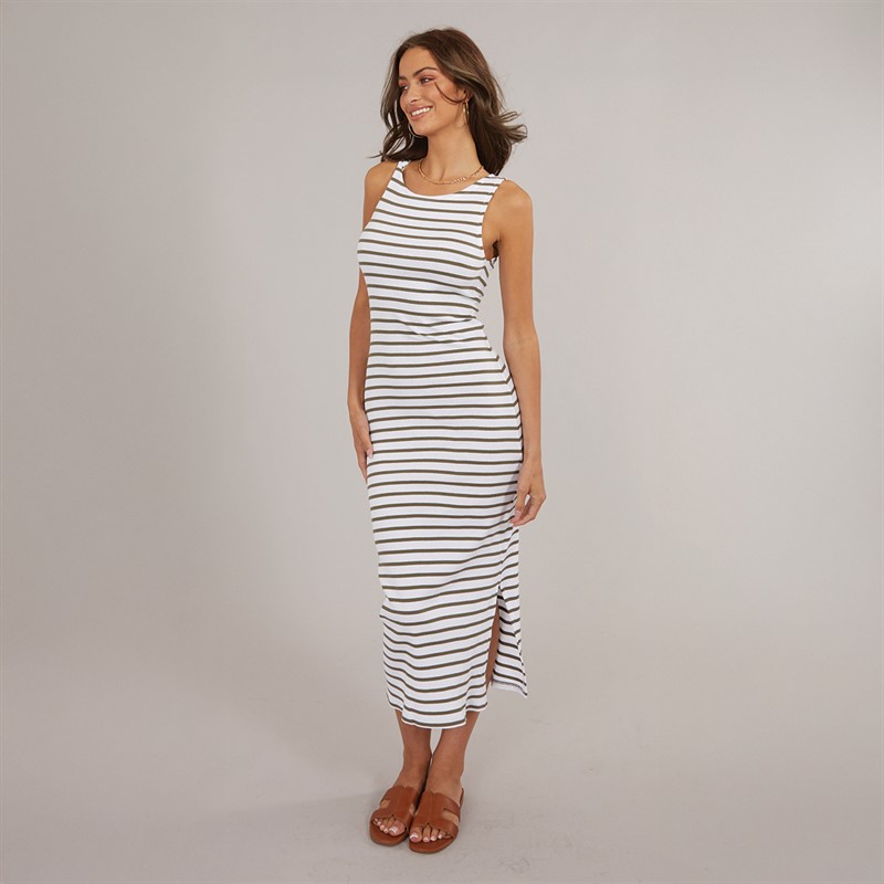 French Connection Womens Rib Slash Stripe Dress White/Khaki