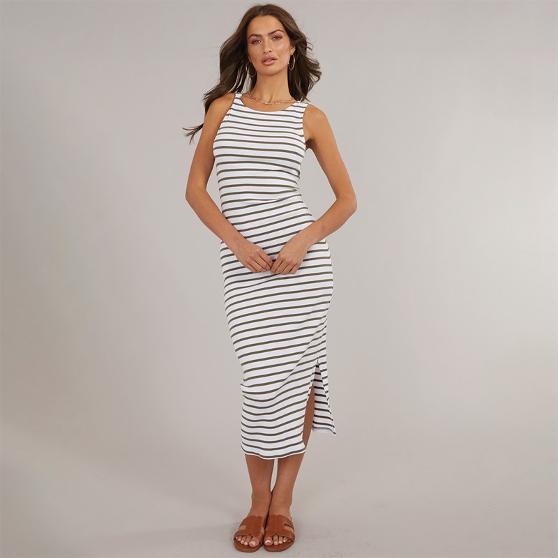 French Connection Womens Rib Slash Stripe Dress White/Khaki