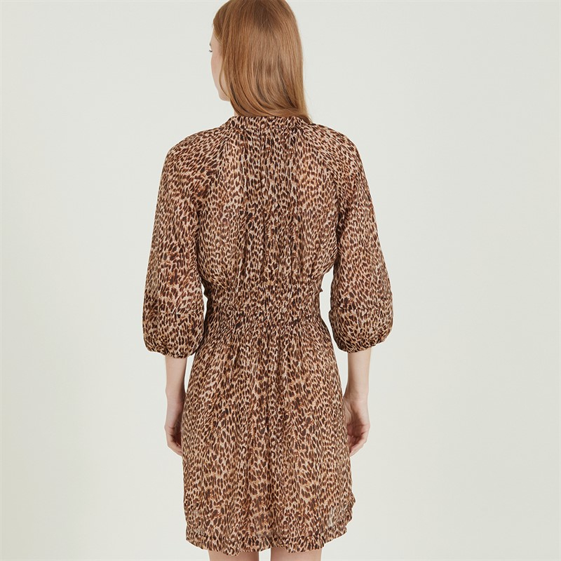 French Connection Womens Leopard Pleat Waist Dress Tan