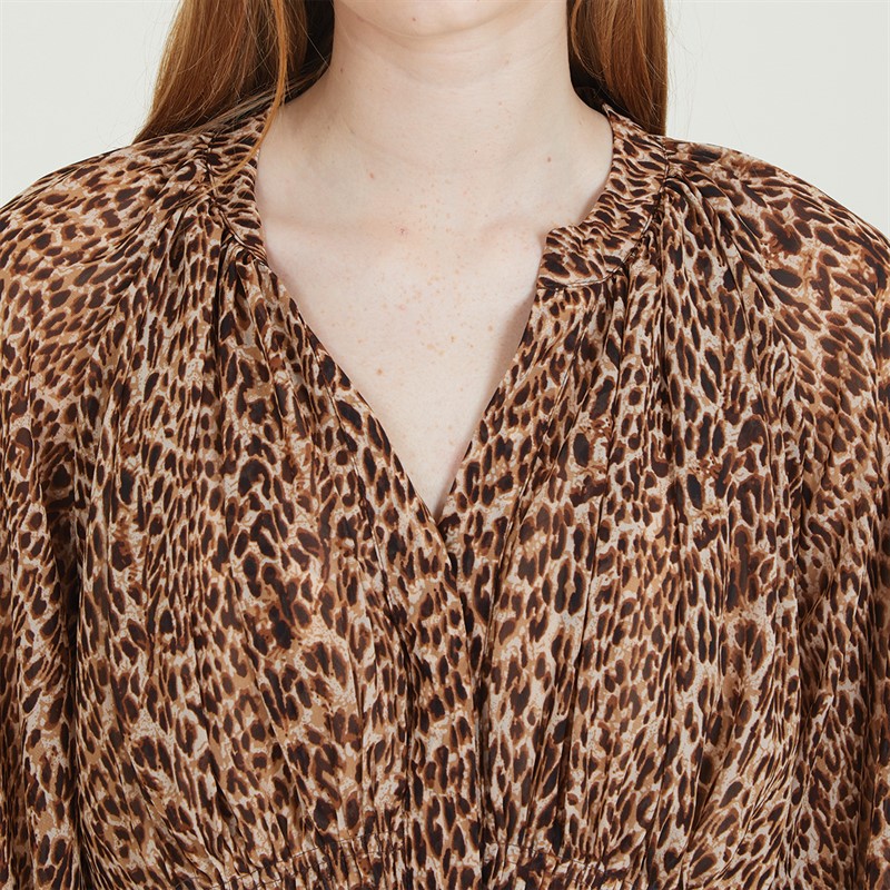 French Connection Womens Leopard Pleat Waist Dress Tan