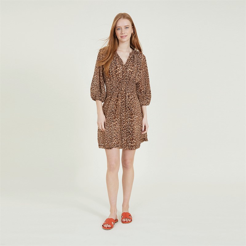 French Connection Womens Leopard Pleat Waist Dress Tan