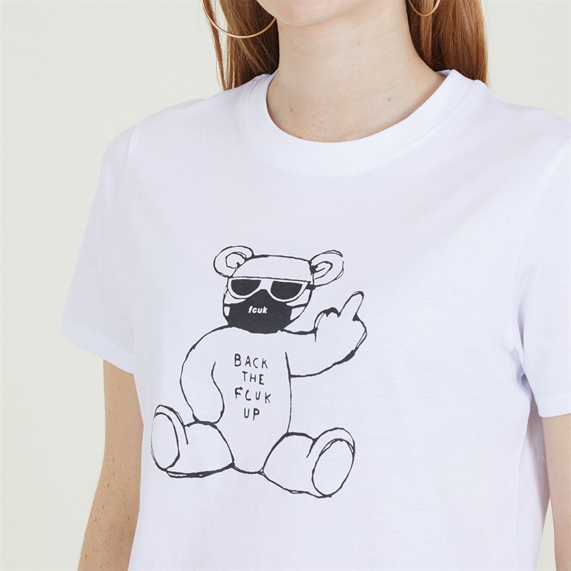 French Connection Womens FCUK Back Up Bear T-Shirt White