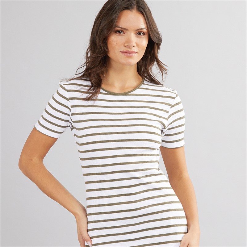French Connection Womens Rib Stripe Dress White/Khaki