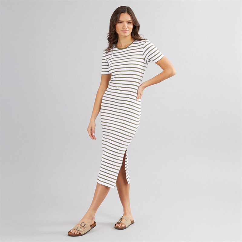 French Connection Womens Rib Stripe Dress White/Khaki