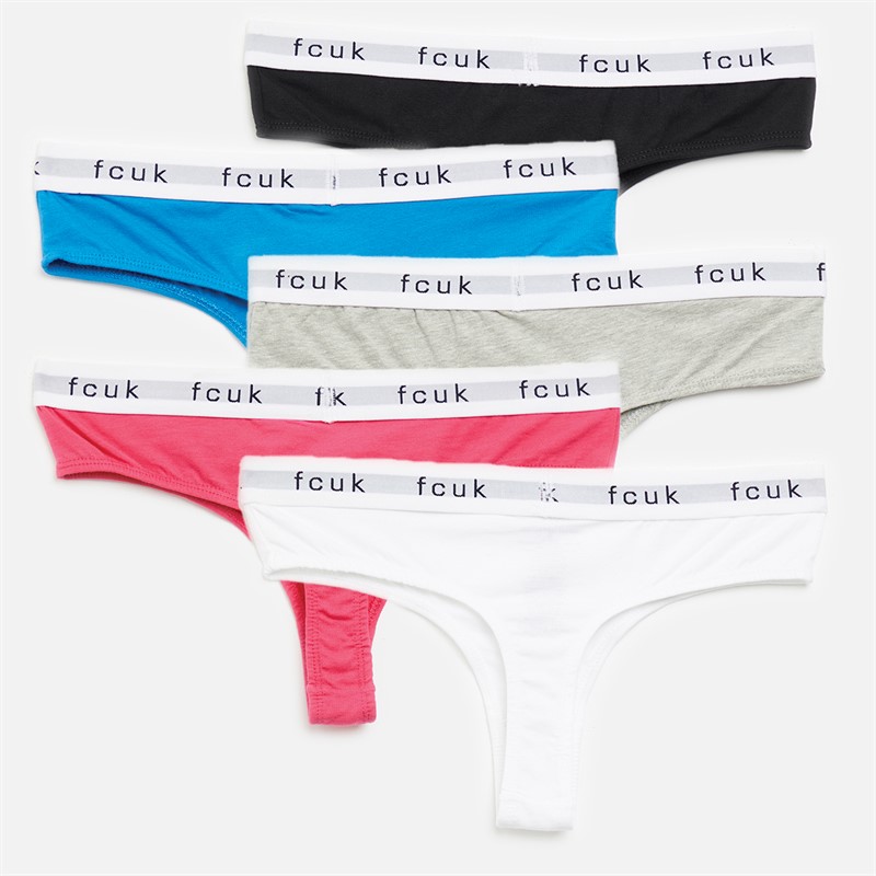 French Connection Womens FCUK Five Pack Thongs Black/Grey/Blue/Raspberry/White Multi 5