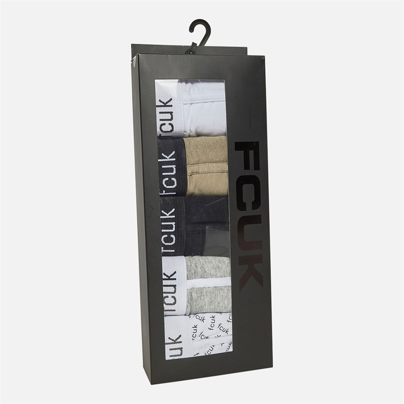 French Connection Mens Five Pack Trunks FCUK30 White And Black FCUK/Light Grey Melange/Black/Light Khaki/White