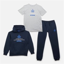 French Connection Boys Throne Hoodie Joggers And T-Shirt Tracksuit Set Marine/Light Grey Mel