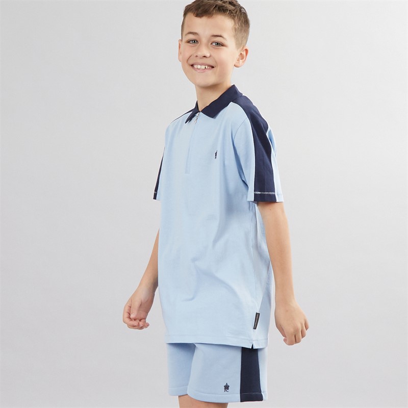 French Connection Boys Stream Zip Polo And Shorts Co-Ord Set Sky/Marine