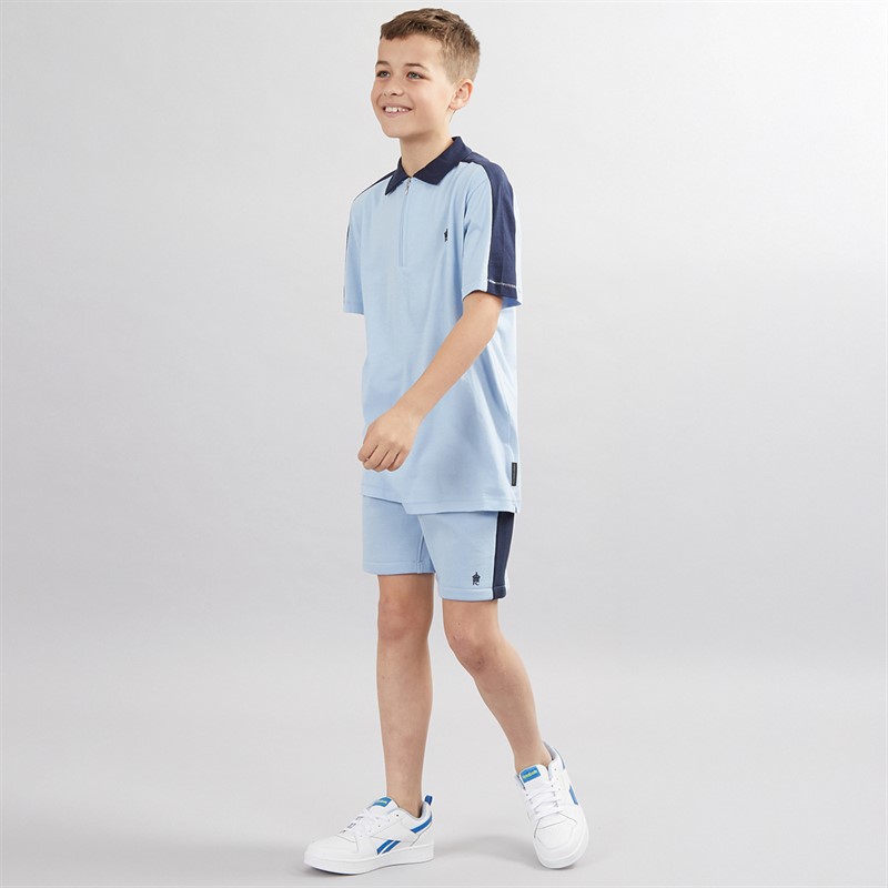 French Connection Boys Stream Zip Polo And Shorts Co-Ord Set Sky/Marine