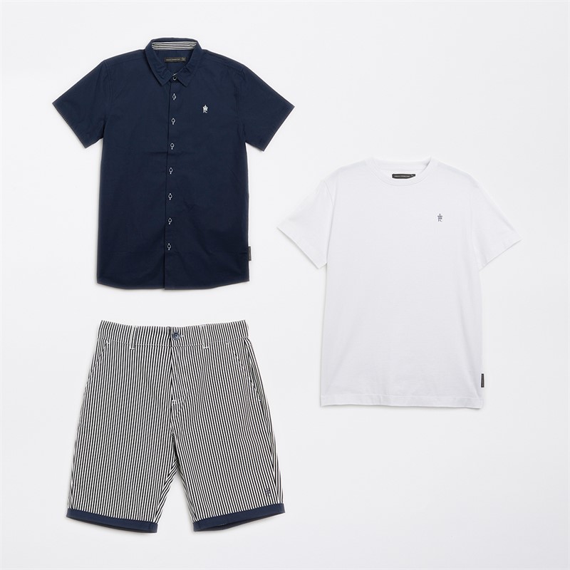 French Connection Boys Larchwood Short Sleeve Shirt T-Shirt And Shorts Co-Ord Set Marine/Off White/White