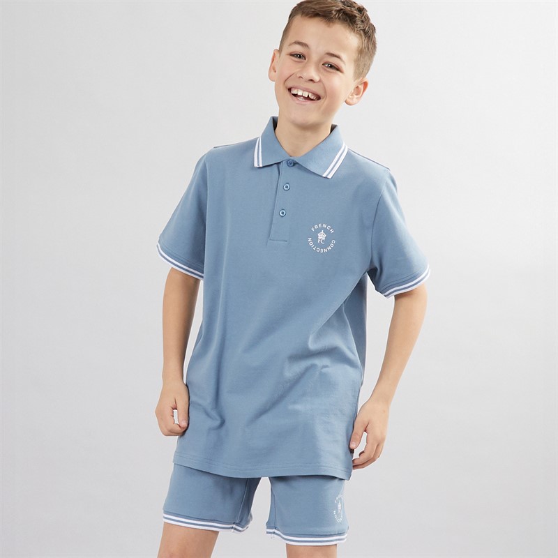 French Connection Boys Smart Tipped Polo And Shorts Co-Ord Set Airforce/White