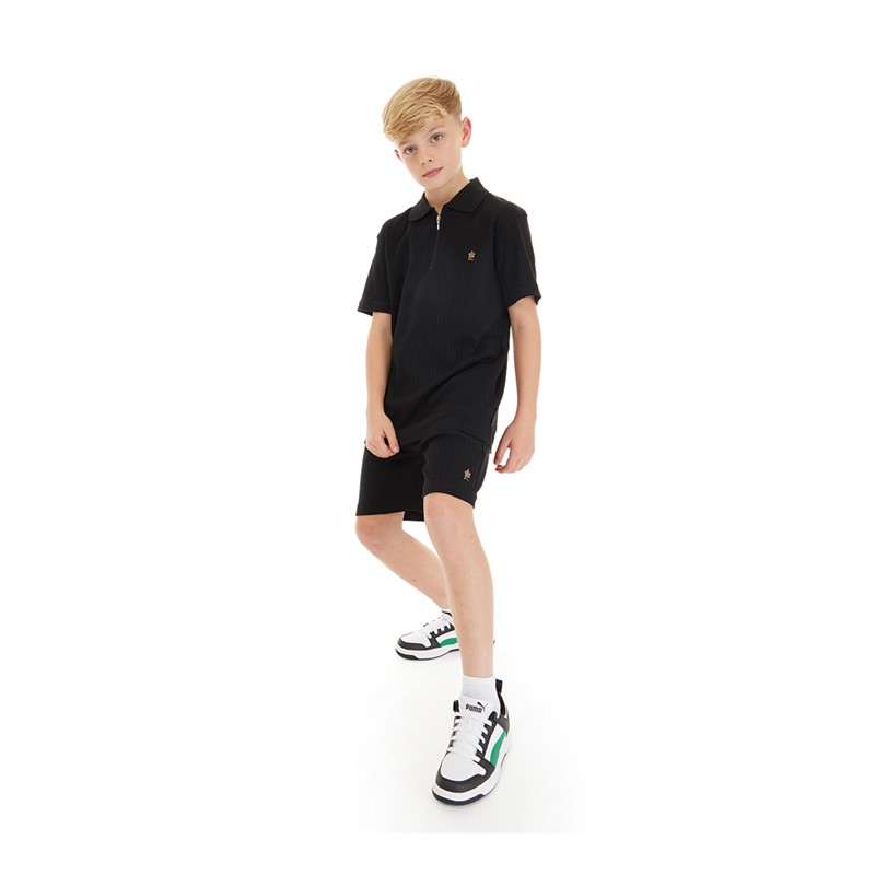 French Connection Boys Drop Needle Polo And Shorts Co-Ord Set Black/Stone